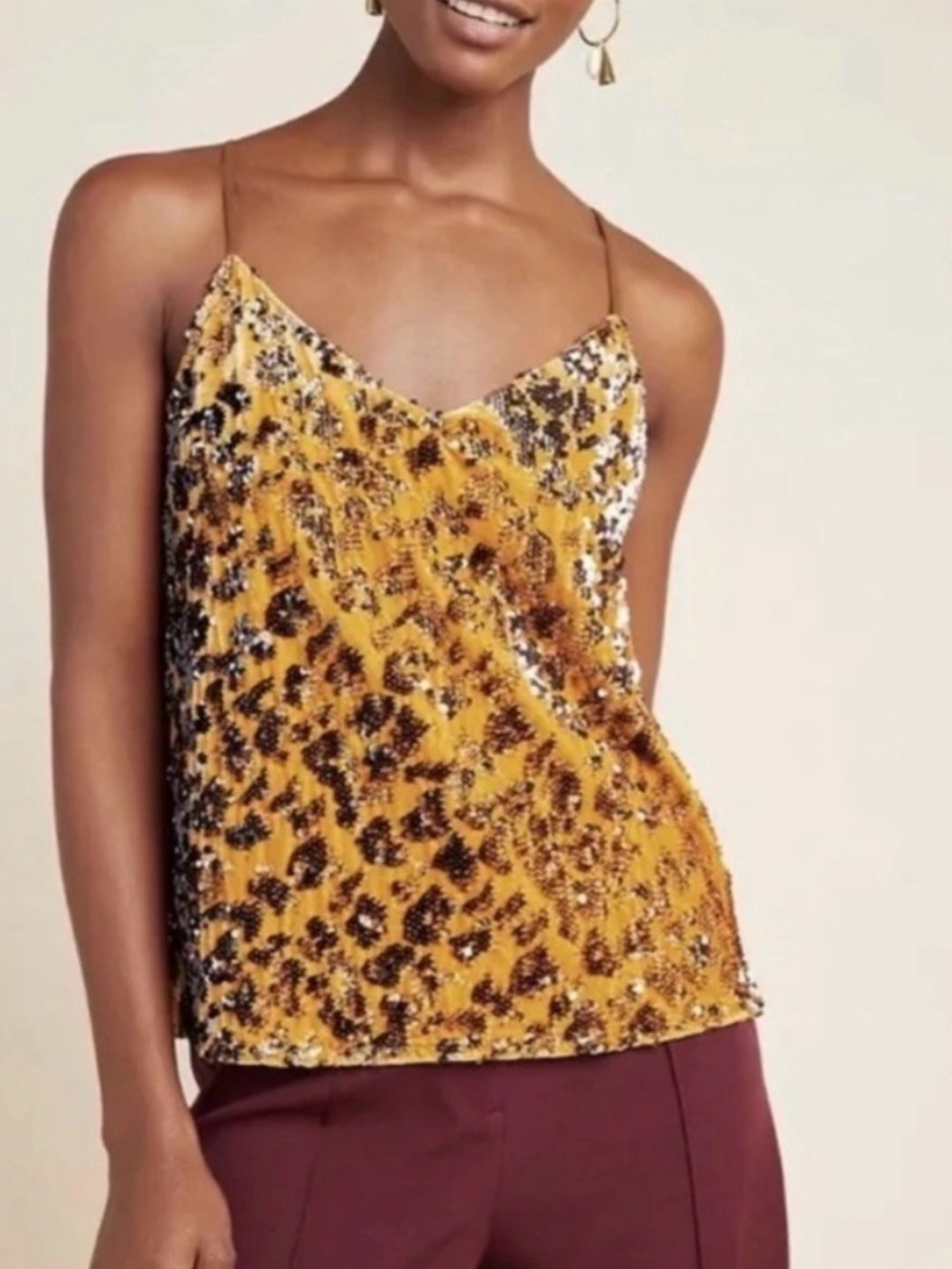 NWT Anthropologie Ro+De Esther Sequined Velvet Cami Gold Medium - Picture 2 of 13